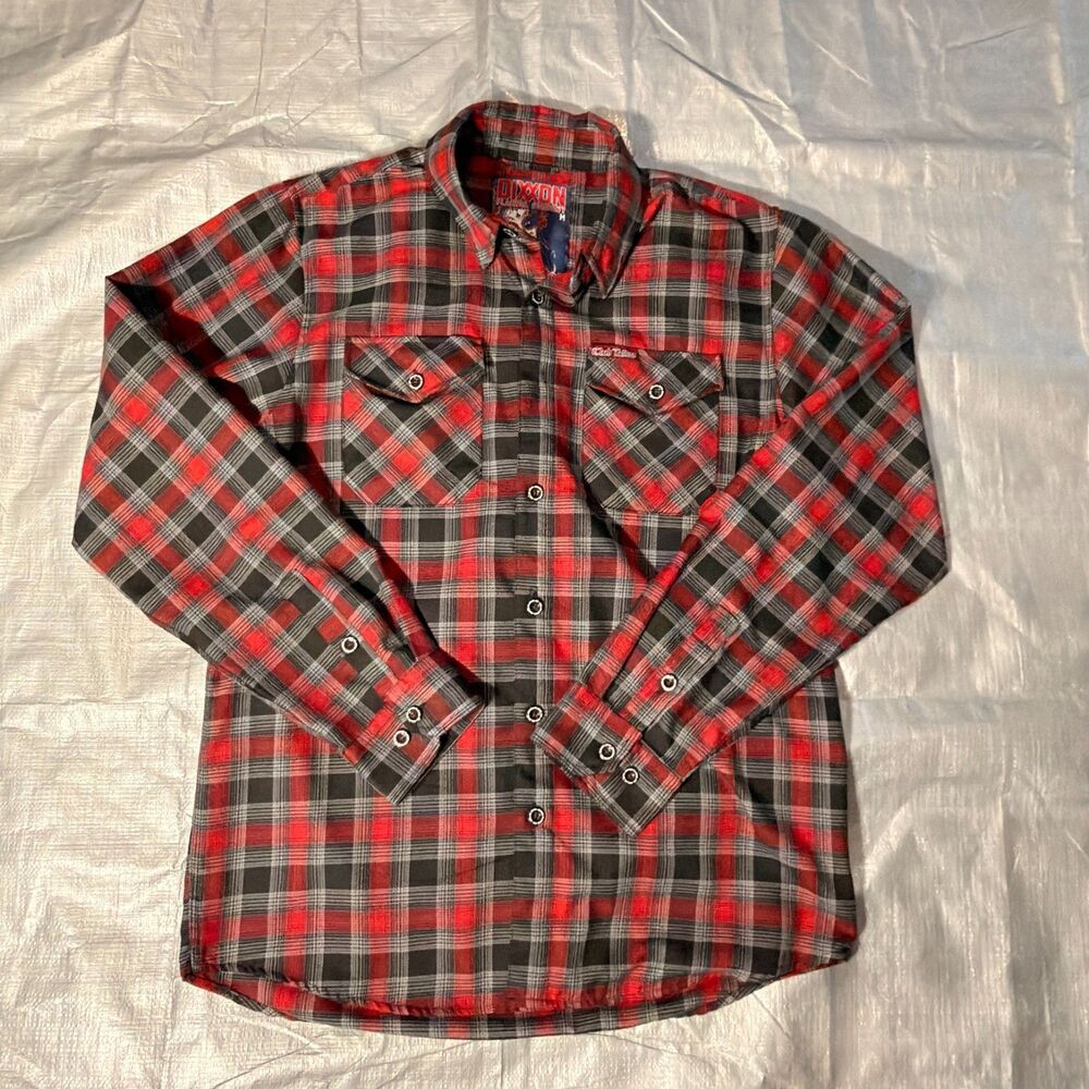 Dixxon Flannel Company Club Tattoo Sugar Skull Plaid Shirt Mens Medium Red Grey
